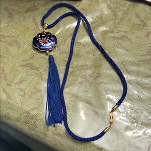 vintage cloisonné pendant necklace with a blue braided cord and a matching tasse